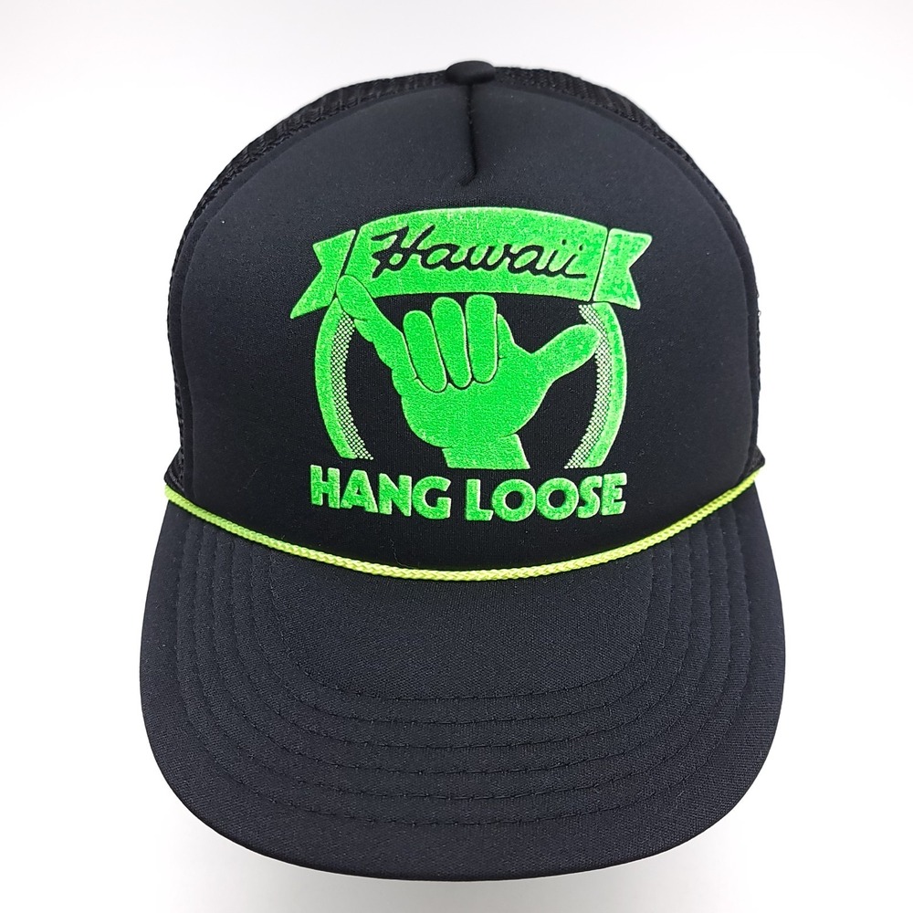 Vintage Hawaii Hangloose Shaka Hat Trucker Cap Snapback Black Neon‎ Dad